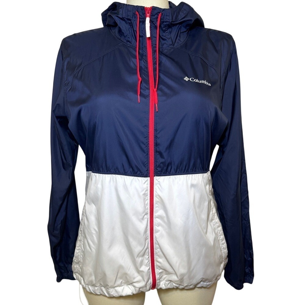 Columbia Water-Resistant Packable Windbreaker Jacket Red White Navy Blue Large